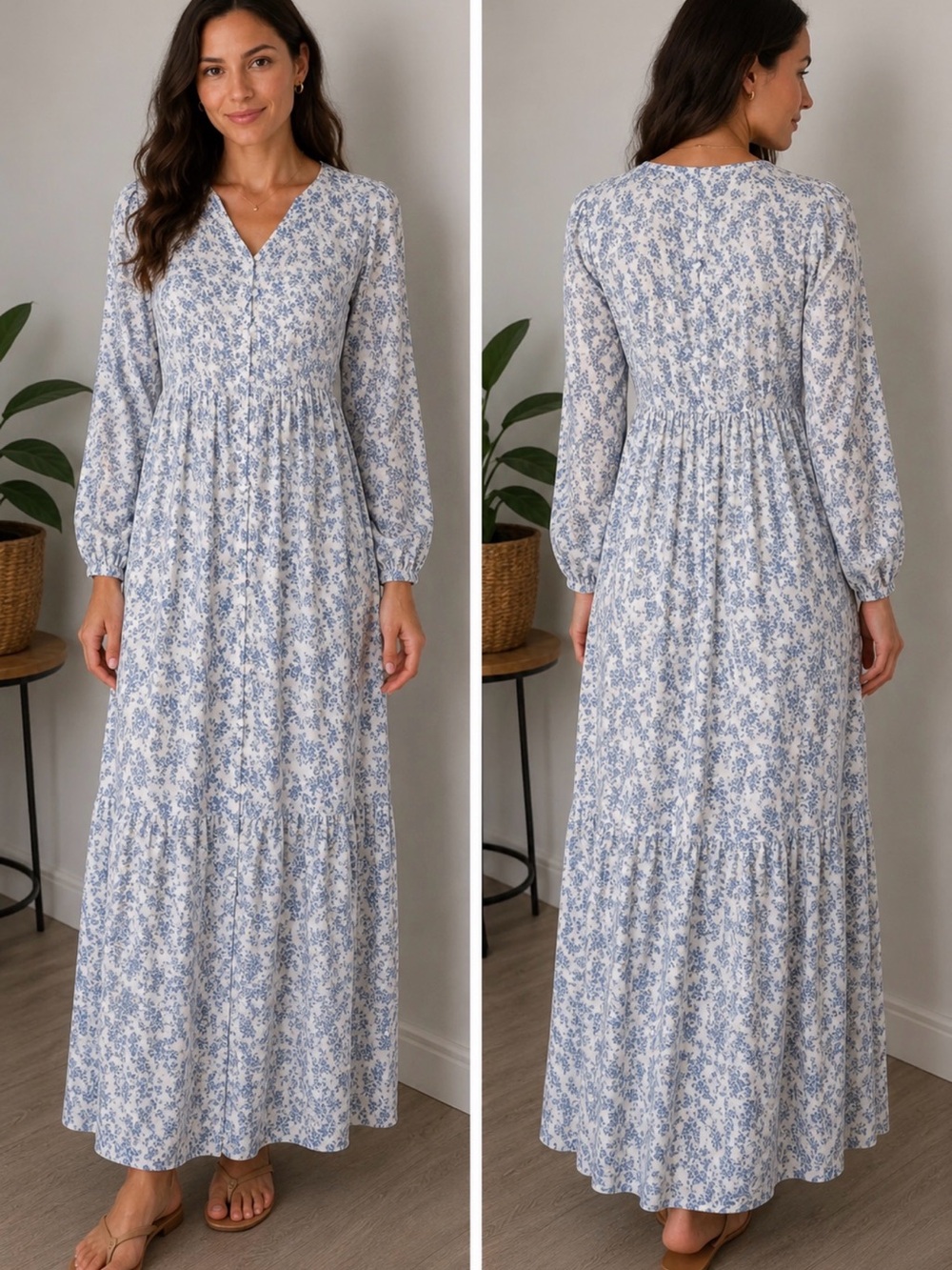 Sugar lips White and Blue Long Sleeve V-Neck Sundress